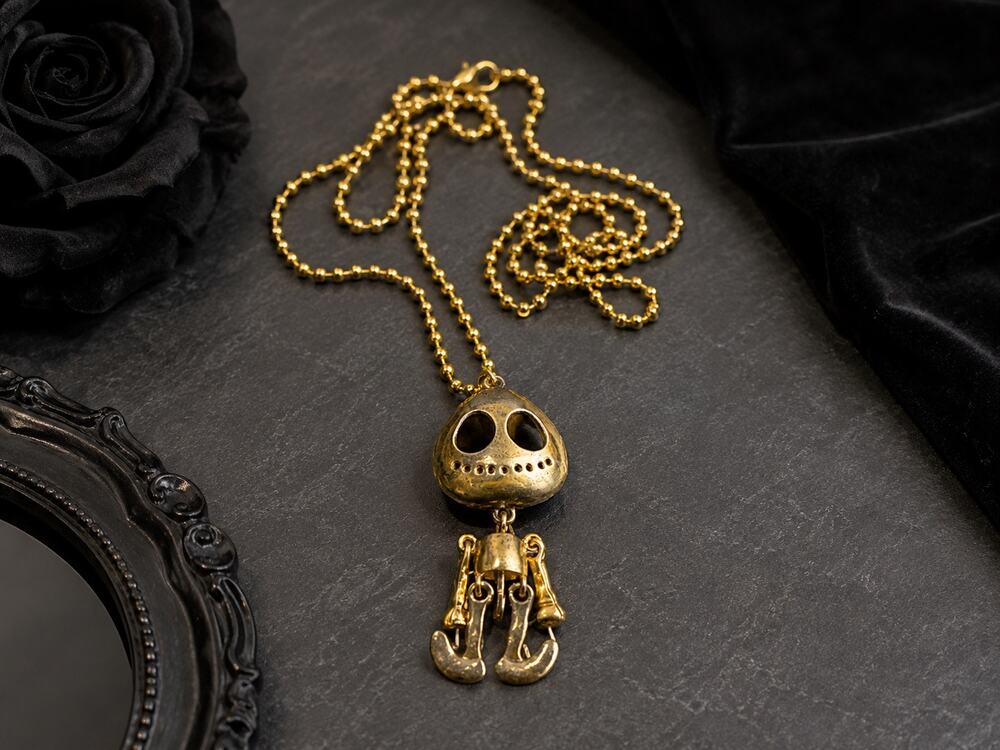 Gold Tone Dangle Alien Skeleton Pendant Necklace | Gothic Punk Emo Ball Chain
